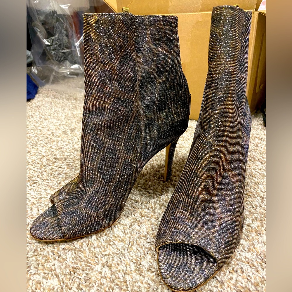 SJP by Sarah Jessica Parker, leopard shimmer peep toe booties, Size 37